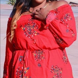 Red off the shoulder dress!